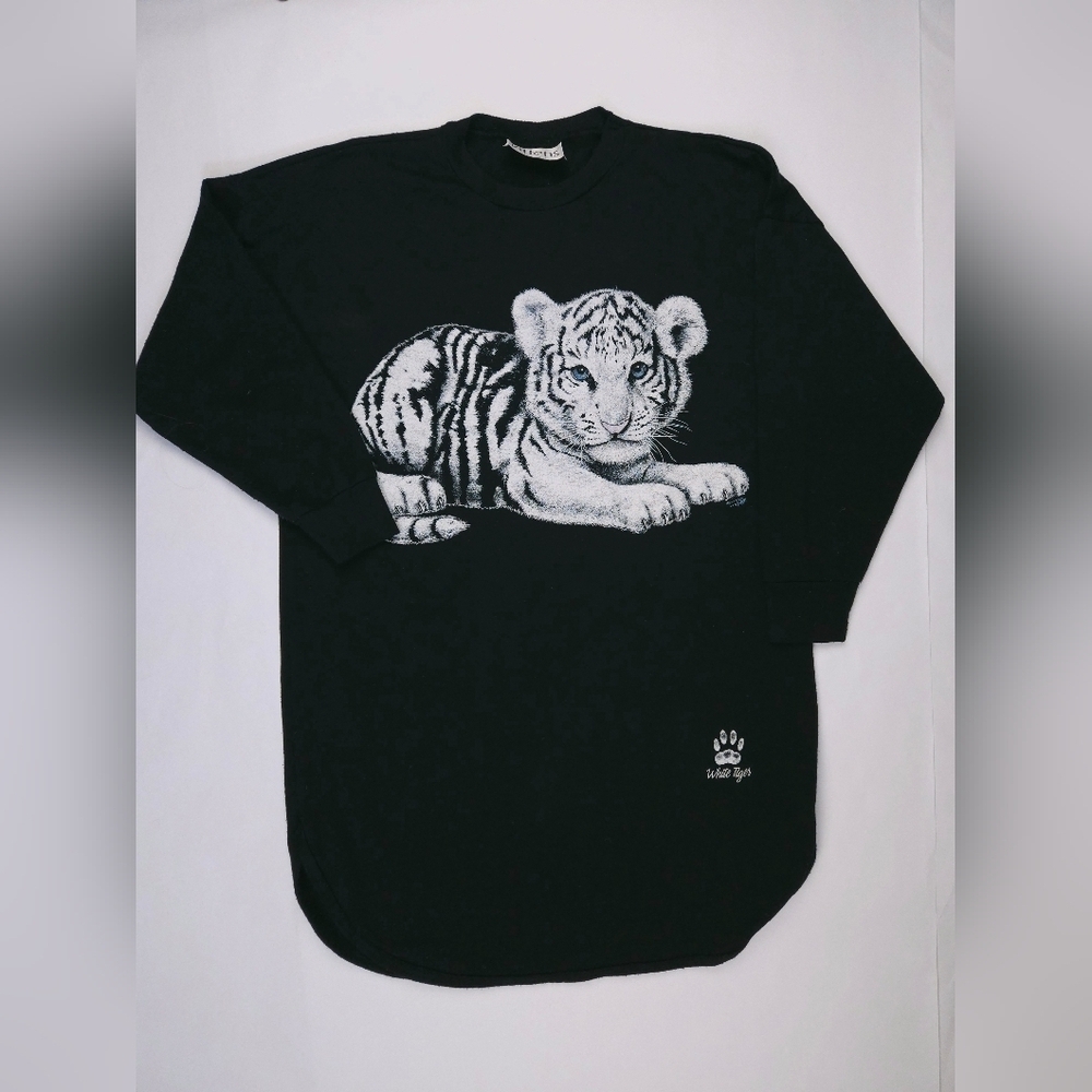 Kittens Brand Vintage 1990s White Tiger Tunic Sweatshirt One Size Black USA